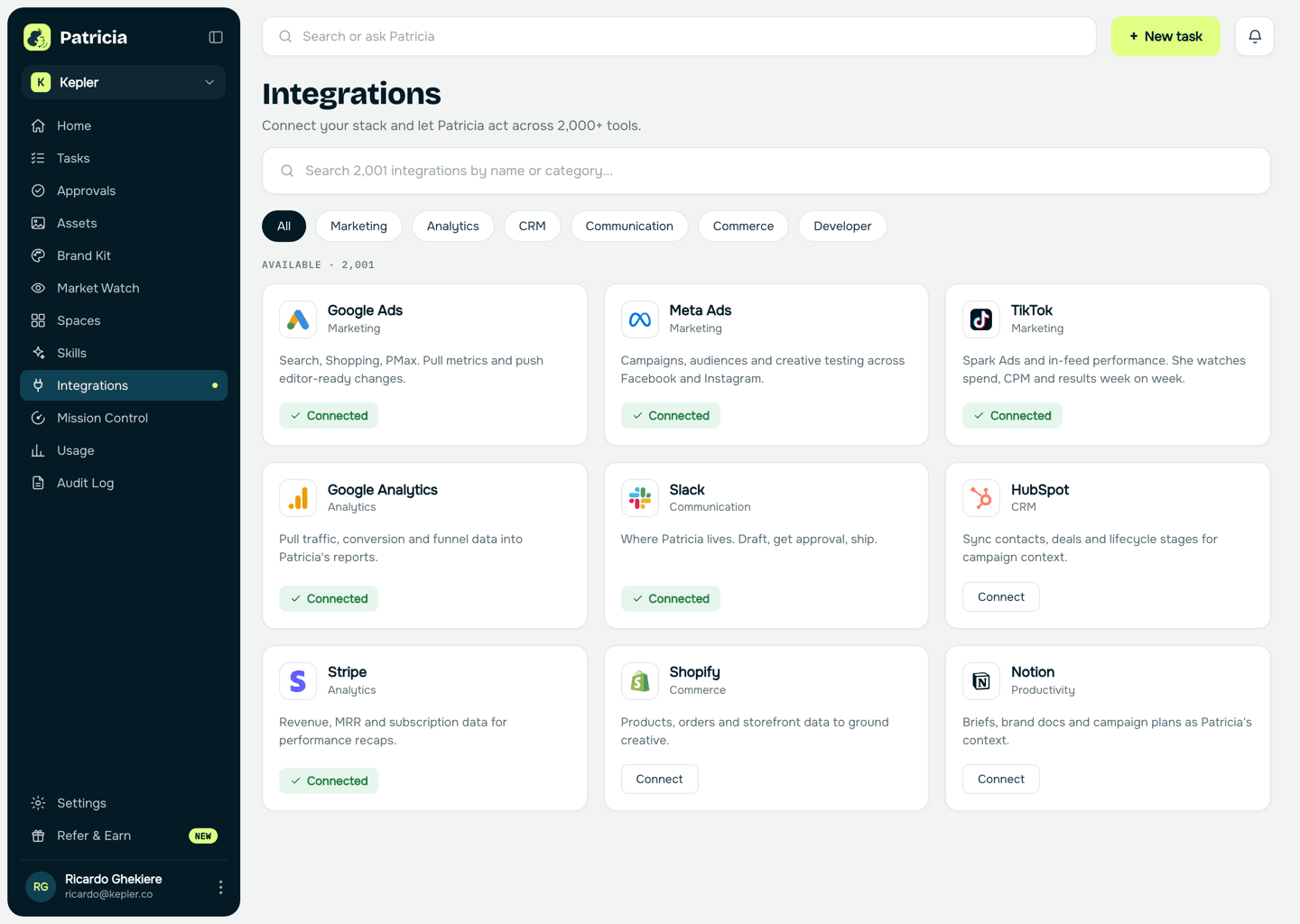 Integrations in Patricia with Google Ads, Meta Ads, TikTok, Google Analytics and Slack connected, so she can read the ad accounts straight from source and post the briefing