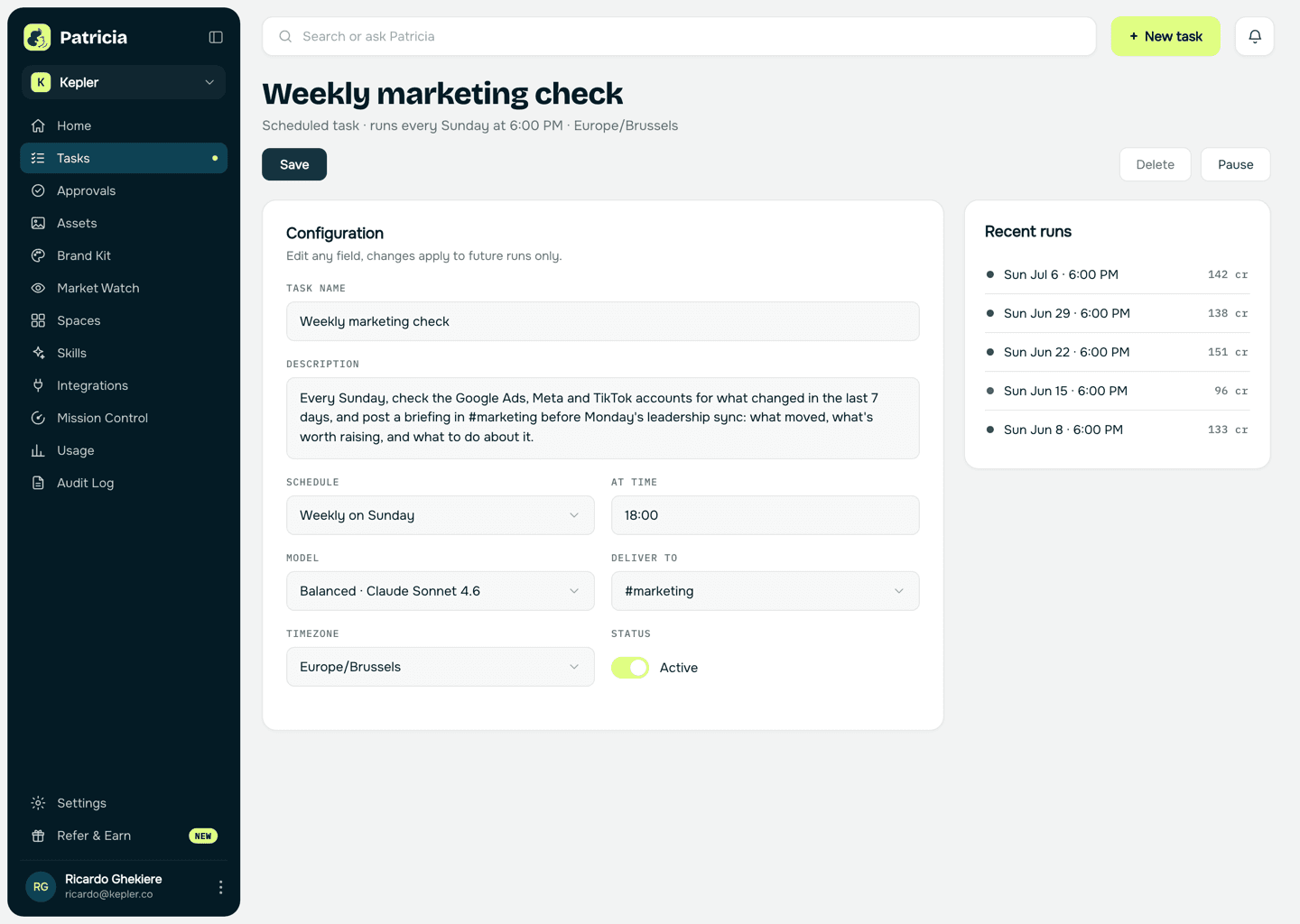 A weekly account check task in Patricia: a scheduled task that runs every Sunday evening, checks the Google Ads, Meta and TikTok accounts for what changed in the last 7 days, and posts the briefing to your channel before Monday's sync, with its recent runs listed