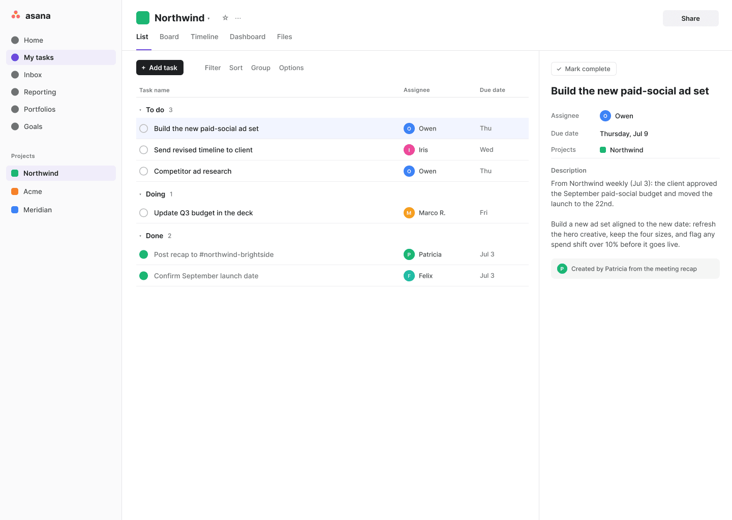 The Northwind project in Asana with the next steps from the call, each a task assigned to an owner with a due date, including the competitor ad research Patricia offered to start