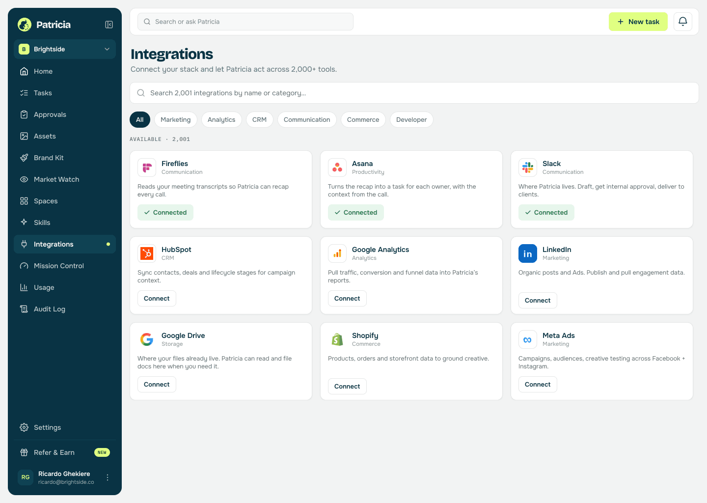 Integrations in Patricia with Fireflies, Asana and Slack connected and Google Drive available to connect, so she can read the transcript, file the notes as tasks, and post the recap