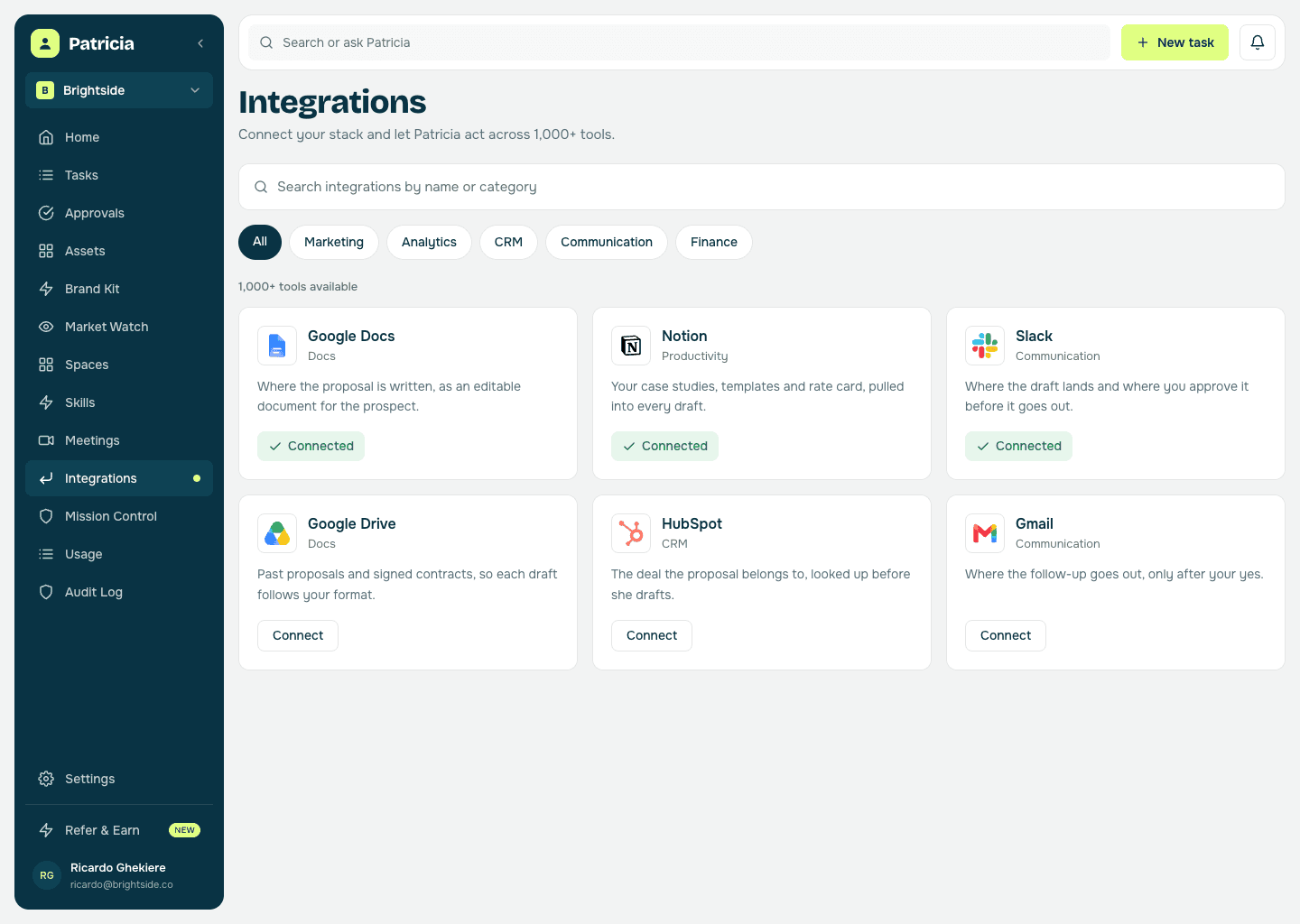 Integrations in Patricia with Google Docs, Notion and Slack connected, so she can draft the proposal, pull case studies, and run the follow-up, with Google Drive, HubSpot and Gmail ready to connect