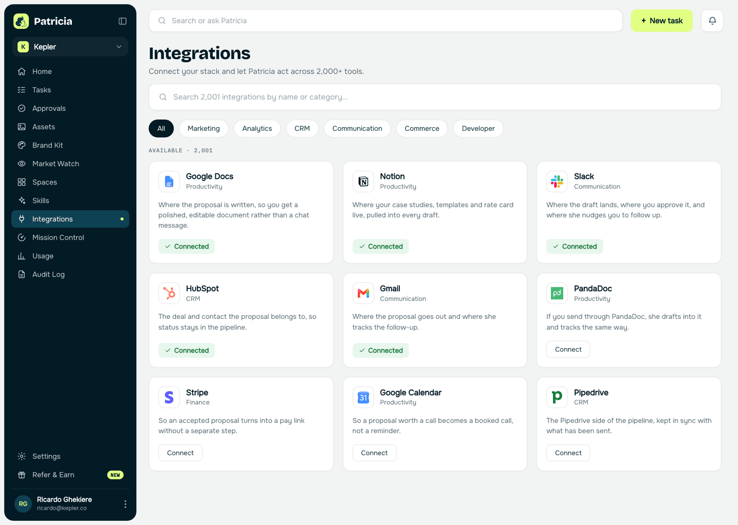 Integrations in Patricia with Google Docs, Notion and Slack connected, so she can draft the proposal, pull case studies, and run the follow-up