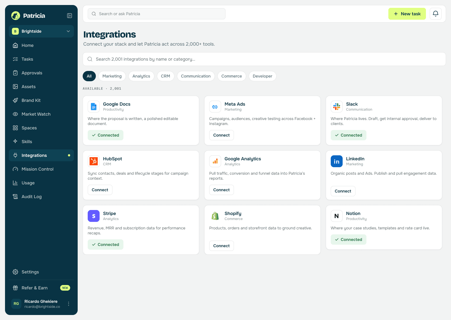 Integrations in Patricia with Google Docs, Notion and Slack connected, so she can draft the proposal, pull case studies, and run the follow-up