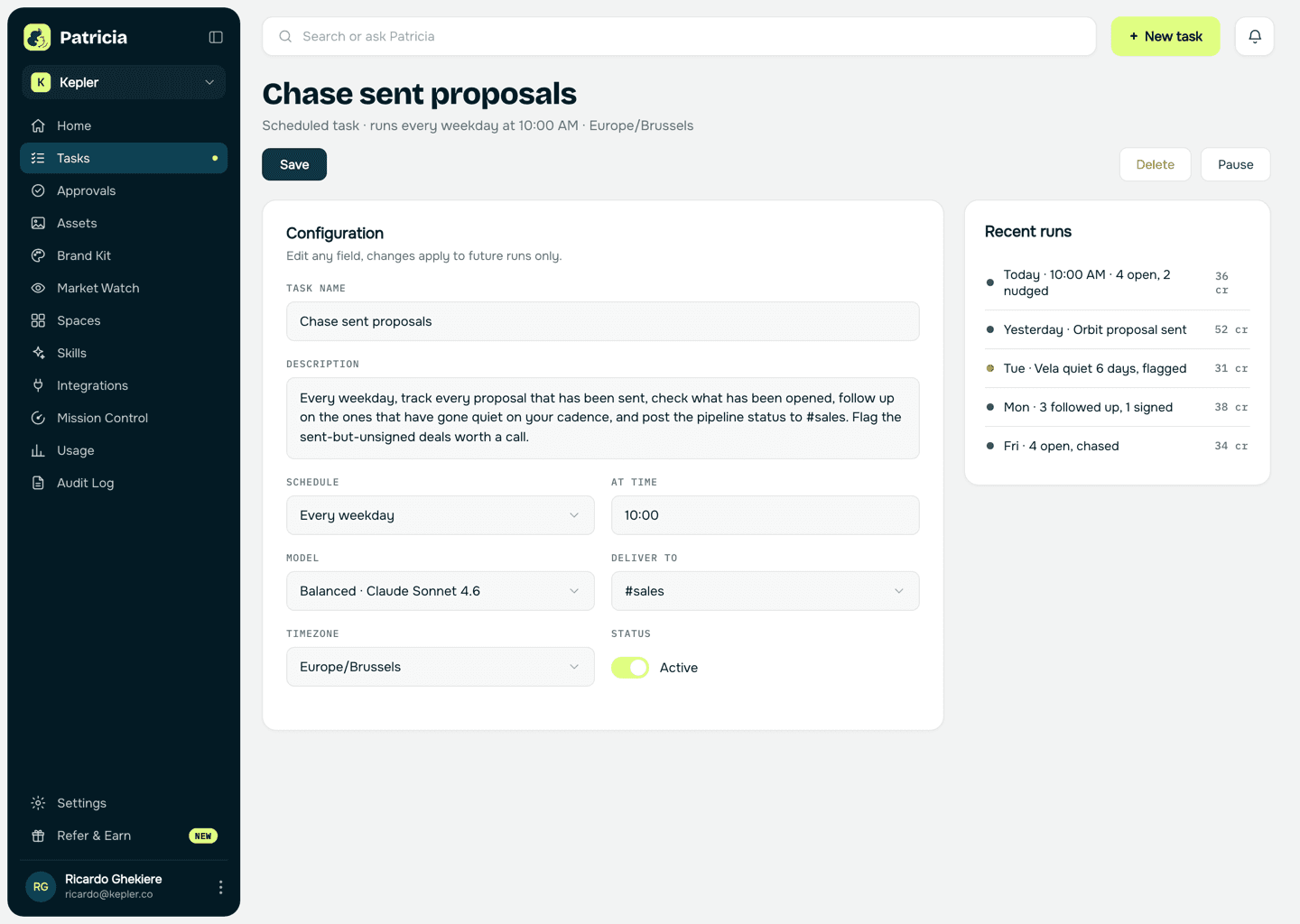 Proposal follow-up task in Patricia: a scheduled task that tracks sent proposals, chases the ones unsigned, and posts their status to the channel, with recent runs listed