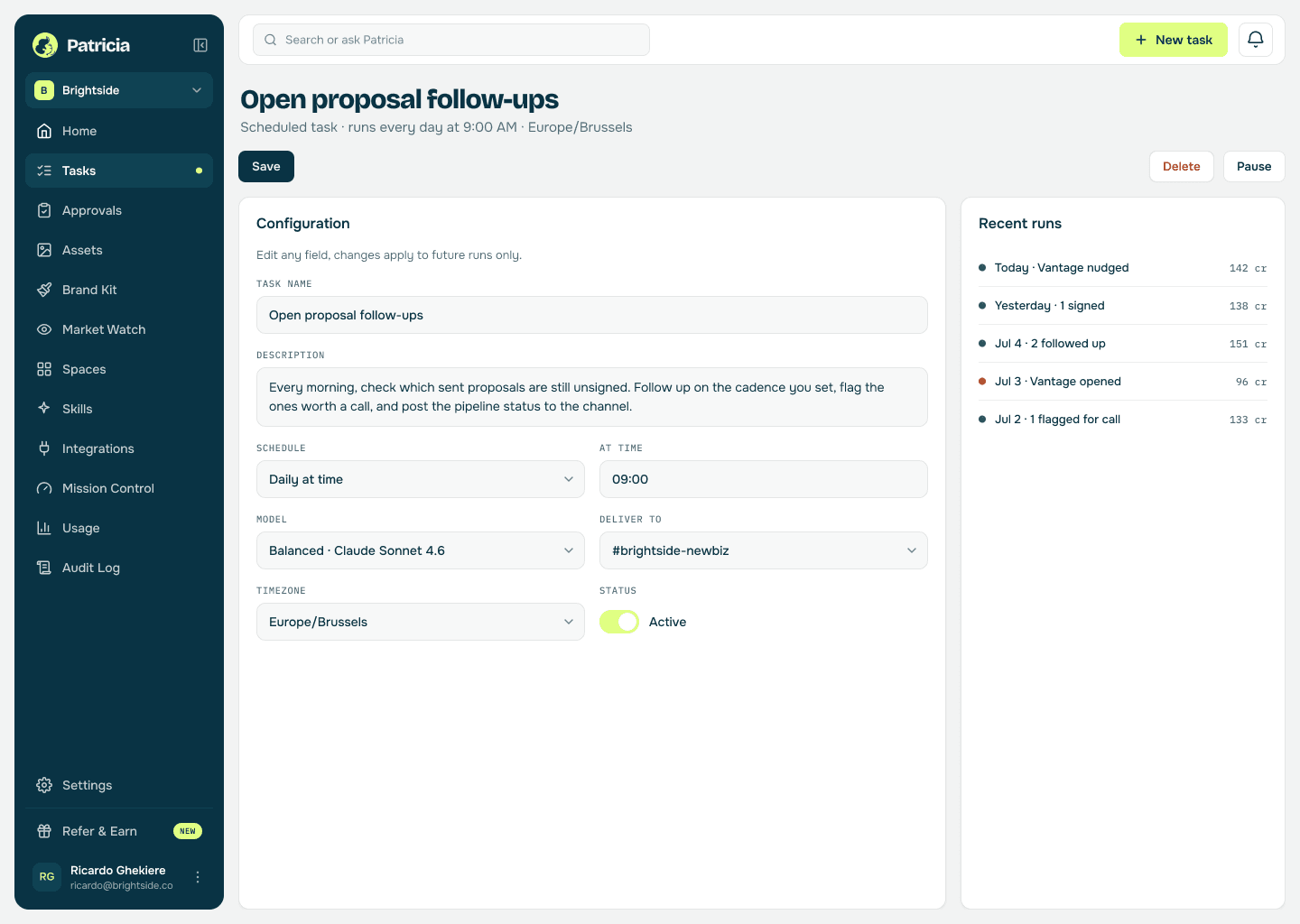 Proposal follow-up task in Patricia: a scheduled task that tracks sent proposals, chases the ones unsigned, and posts their status to the channel, with recent runs listed