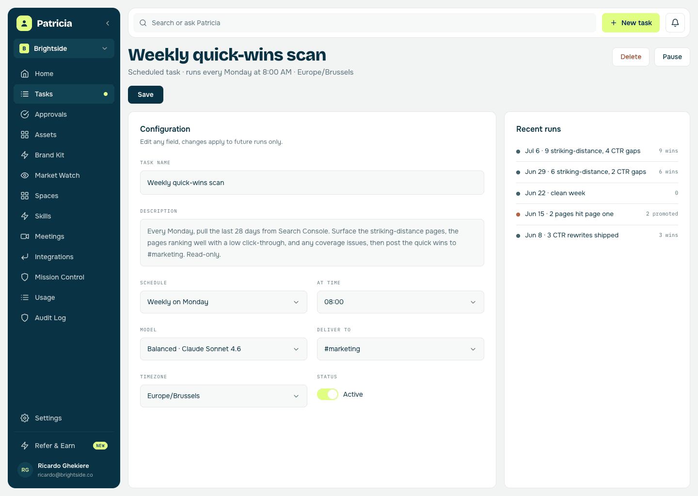 A scheduled weekly quick-wins scan task in Patricia, pulling striking-distance pages, CTR gaps and coverage issues from Search Console, with recent runs listing the wins found each week