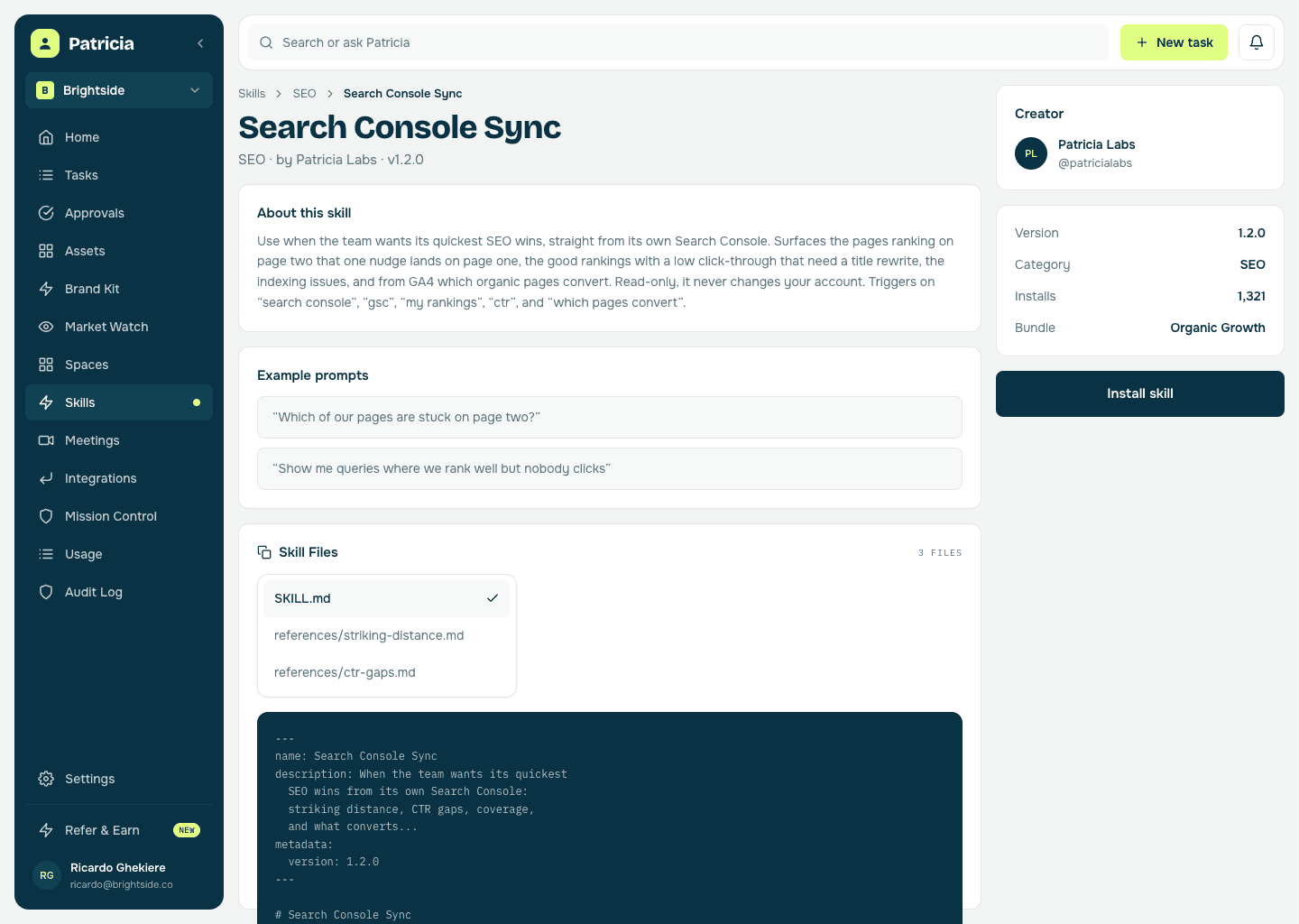 The Search Console Sync skill in Patricia's skills catalog, ready to install, with its description and example prompts