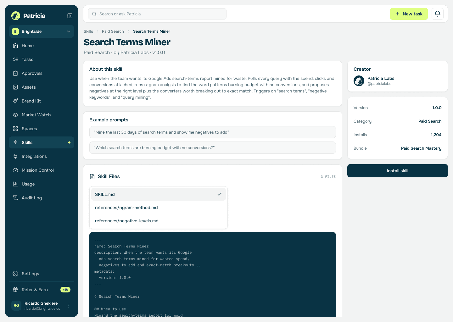 The Search Terms Miner skill in Patricia's skills catalog, ready to install, with its description and example prompts