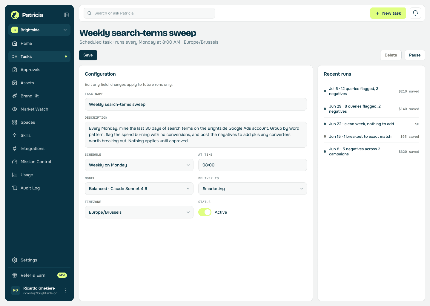 A scheduled weekly search-terms sweep task in Patricia, running every Monday, with recent runs showing the negatives proposed and spend saved each week