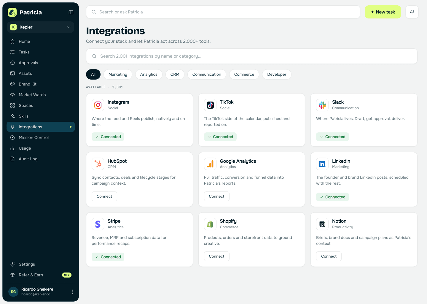 Integrations in Patricia with Instagram, TikTok, LinkedIn and Slack connected, so she can publish to every channel and report back