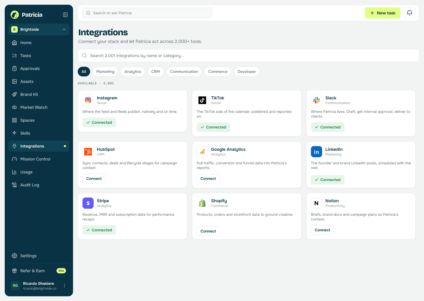 Integrations in Patricia with Instagram, TikTok, LinkedIn and Slack connected, so she can publish to every channel and report back