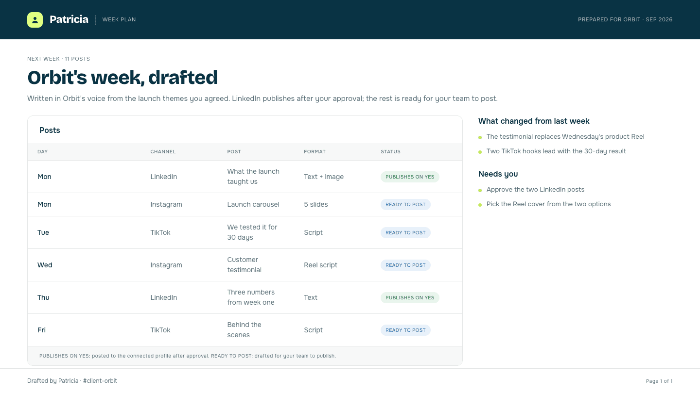 Orbit's week drafted by Patricia: each post by day and channel with its format, the LinkedIn posts marked to publish on approval and the Instagram and TikTok posts marked ready for the team to post
