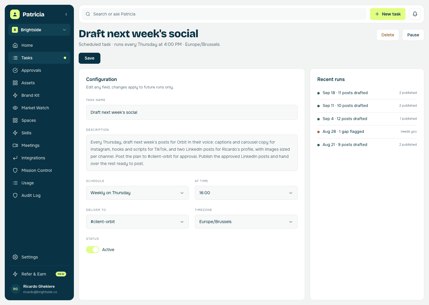 A scheduled weekly task in Patricia that drafts next week's posts for a client in their voice for Instagram, TikTok and LinkedIn and posts the plan to the client channel for approval, with recent runs listed