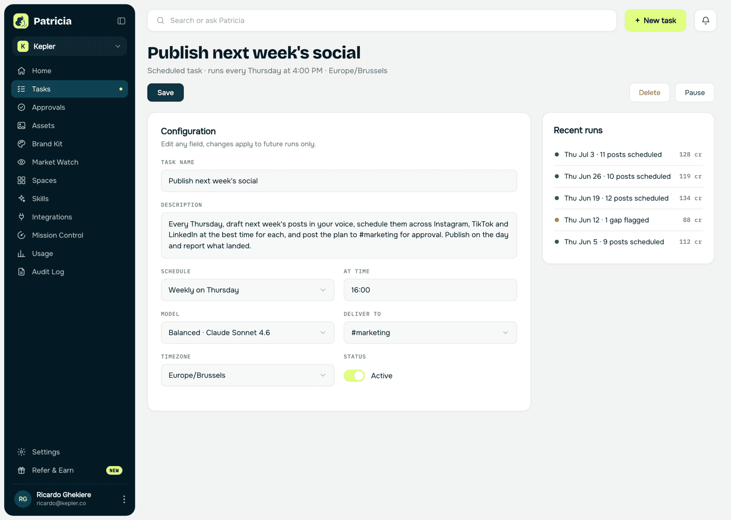 Social calendar task in Patricia: a scheduled task that drafts next week's posts, schedules them across Instagram, TikTok and LinkedIn, and publishes on time, with recent runs listed