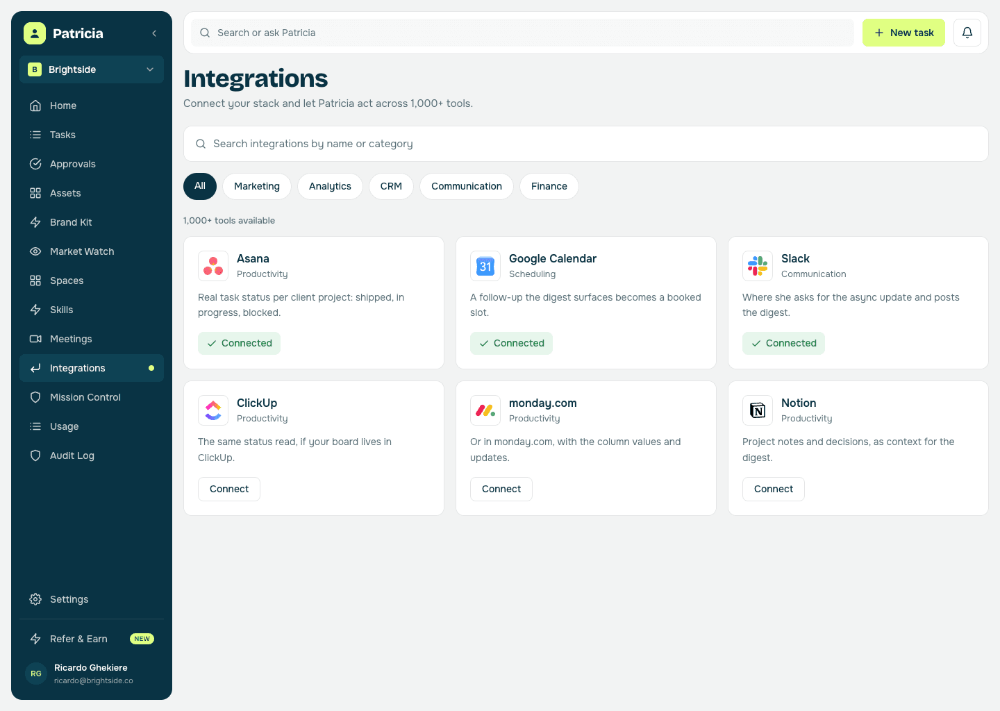 Integrations in Patricia with Asana, Google Calendar and Slack connected, so she can pull task status, book time, and post the digest, with ClickUp, monday.com and Notion ready to connect