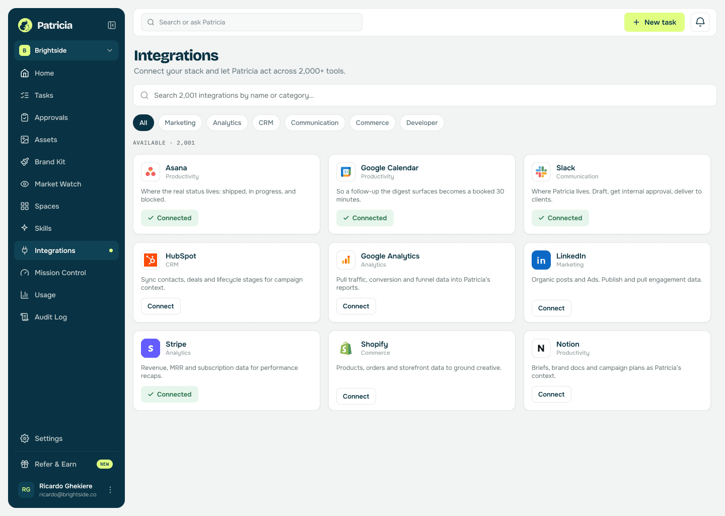 Integrations in Patricia with Asana, Google Calendar and Slack connected, so she can pull task status, book time, and post the digest