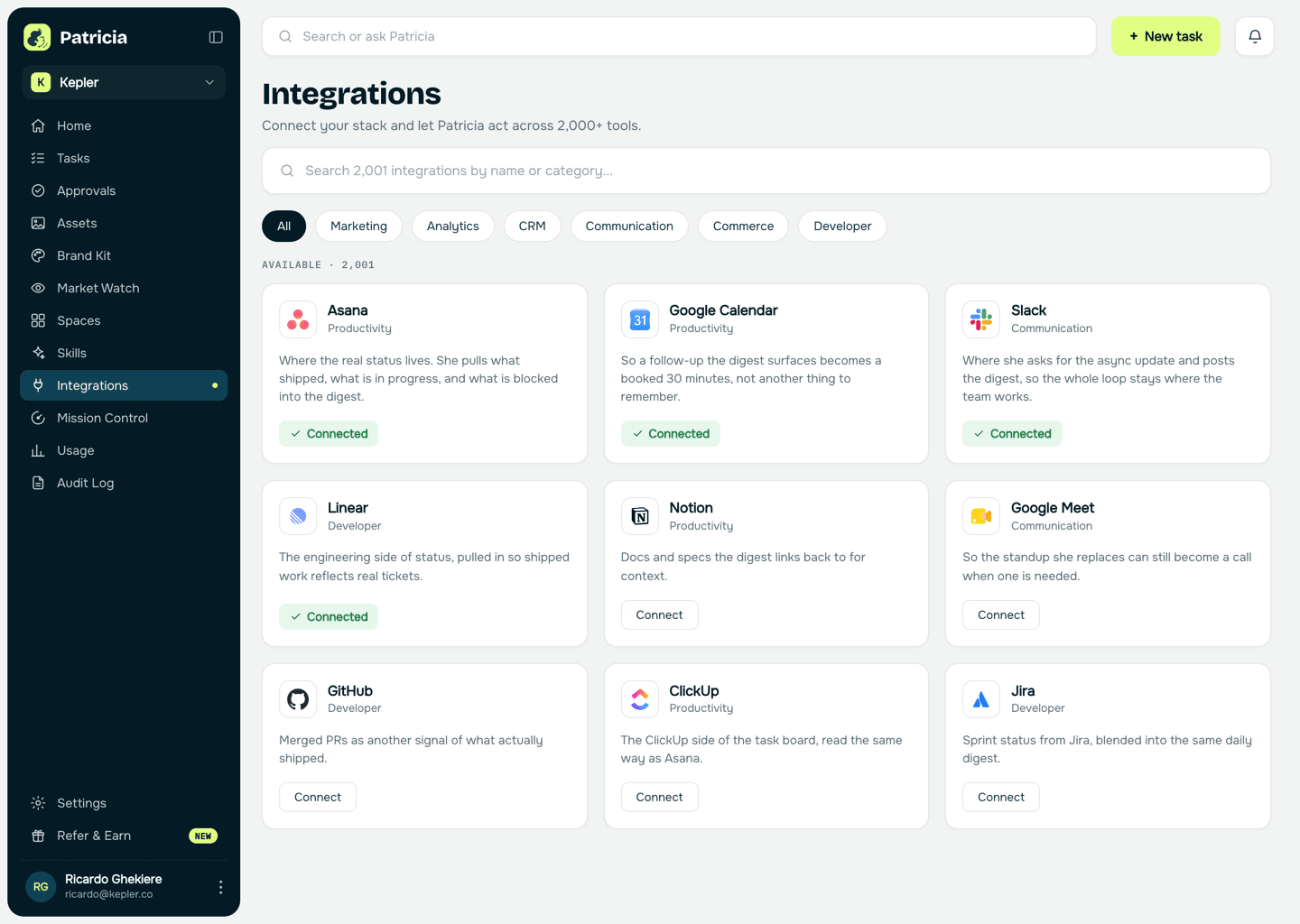 Integrations in Patricia with Asana, Google Calendar and Slack connected, so she can pull task status, book time, and post the digest