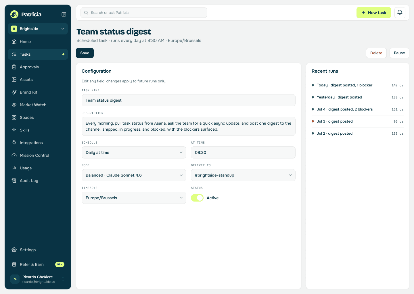 Status digest task in Patricia: a scheduled task that collects async updates and pulls task status from Asana each morning, then posts a digest to the channel, with recent runs listed