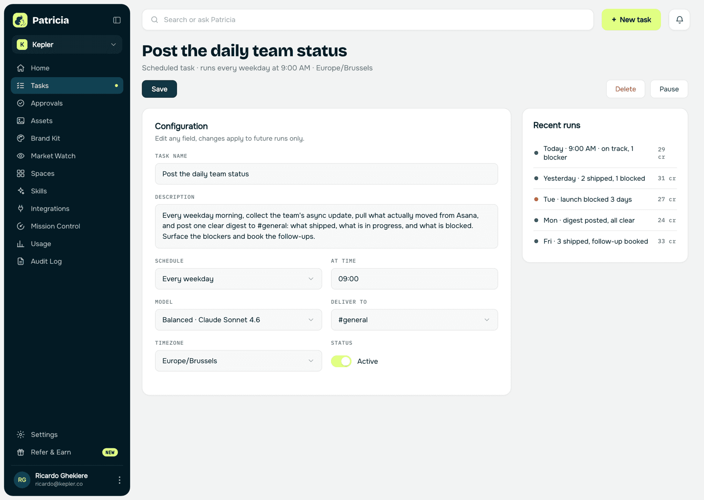 Status digest task in Patricia: a scheduled task that collects async updates and pulls task status from Asana each morning, then posts a digest to the channel, with recent runs listed