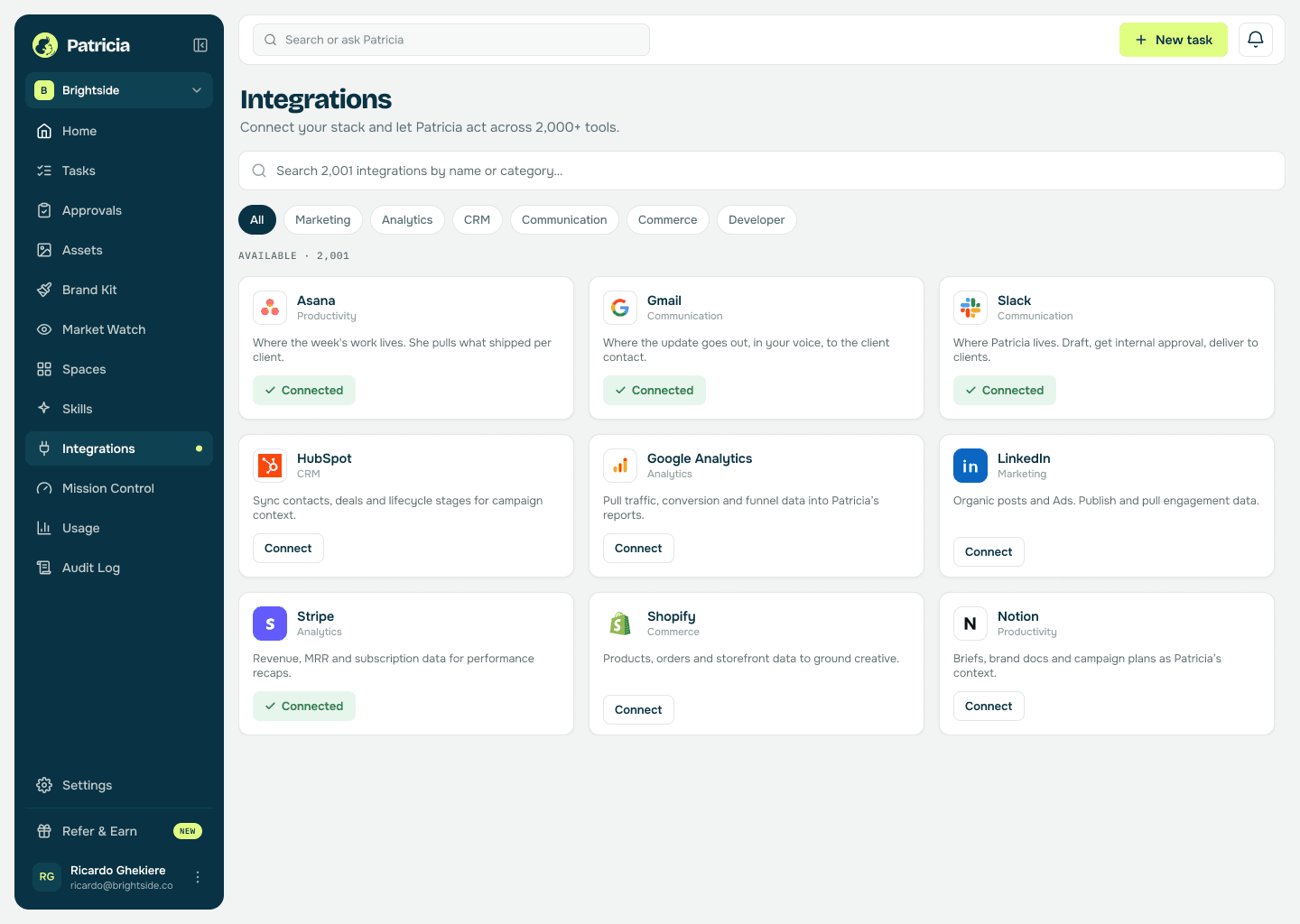 Integrations in Patricia with Asana, Gmail and Slack connected, so she can see what shipped and send the update