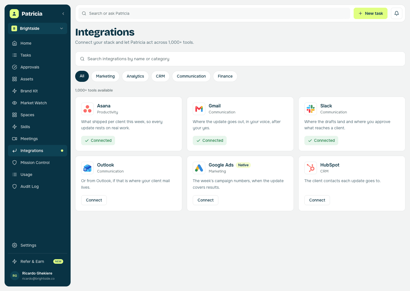 Integrations in Patricia with Asana, Gmail and Slack connected, so she can see what shipped and send the update, with Outlook, Google Ads and HubSpot ready to connect