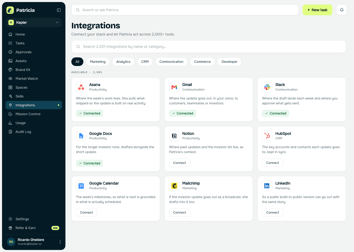 Integrations in Patricia with Asana, Gmail and Slack connected, so she can see what shipped and send the update
