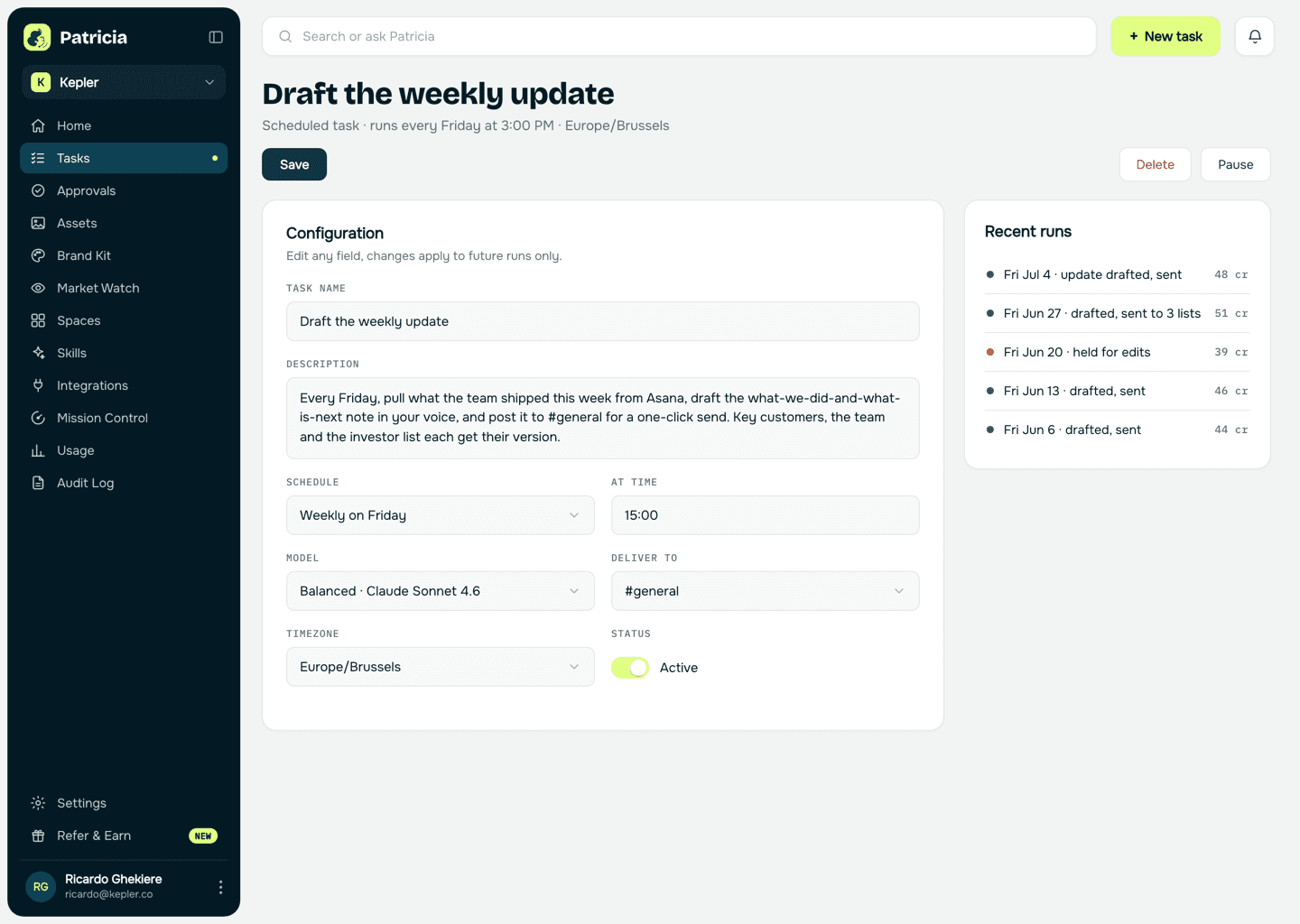 A weekly update task in Patricia: a scheduled task that runs every Friday, pulls what shipped from Asana, drafts the what-we-did-and-what-is-next update in your voice, and posts it for approval, with recent runs listed